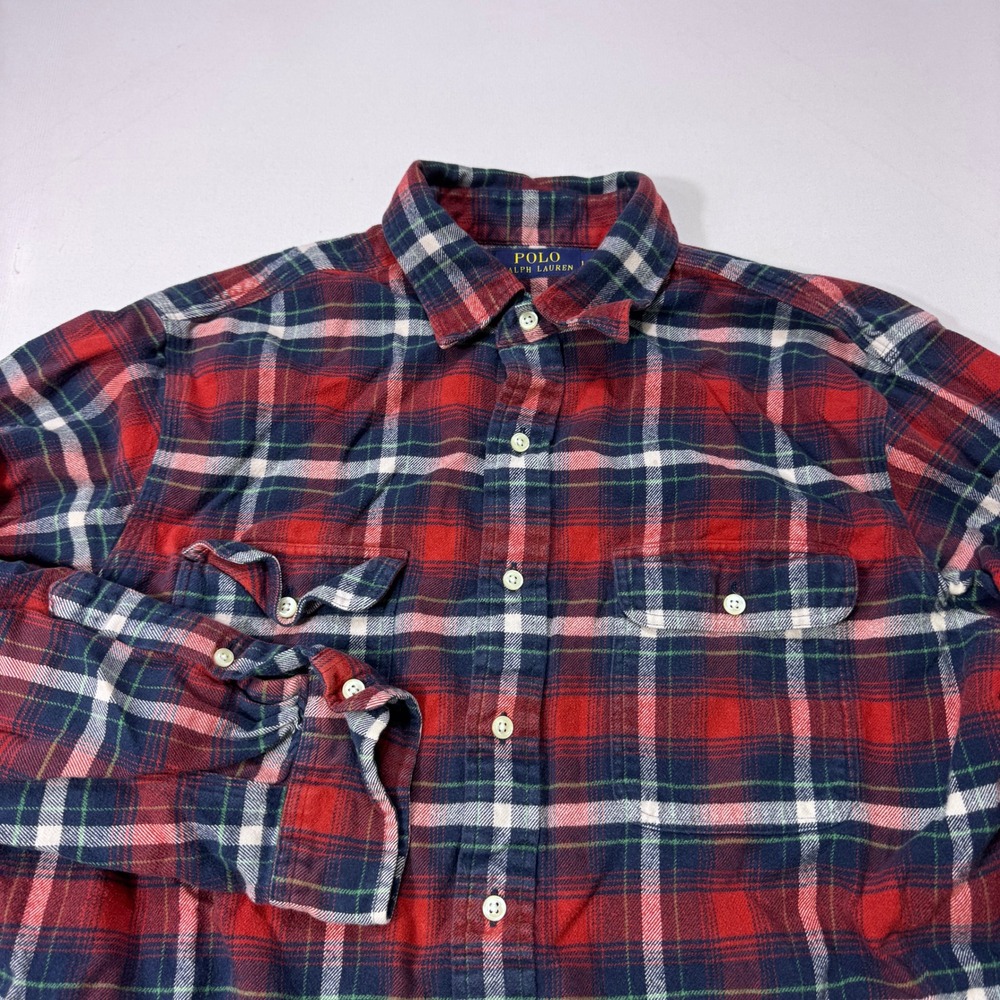 Polo Ralph Lauren Mens Large Flannel Button Down Shirt Red Blue Plaid Gorpcore